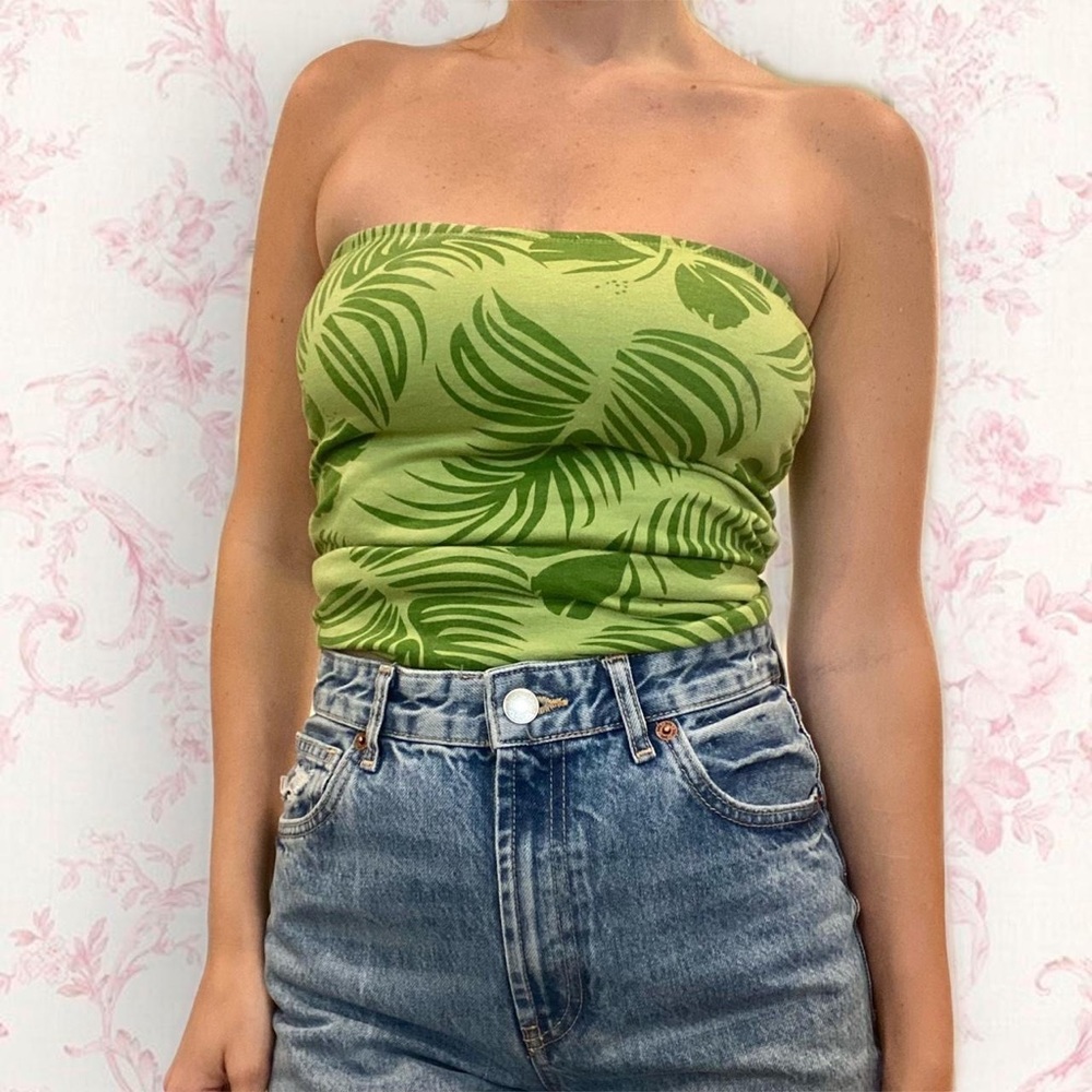 Vintage Y2K Green Botanical Print Strapless Tube Top
